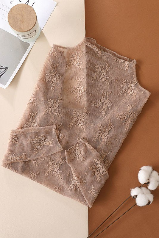 Sheer Lace Long Sleeve Mesh Top- Coffee