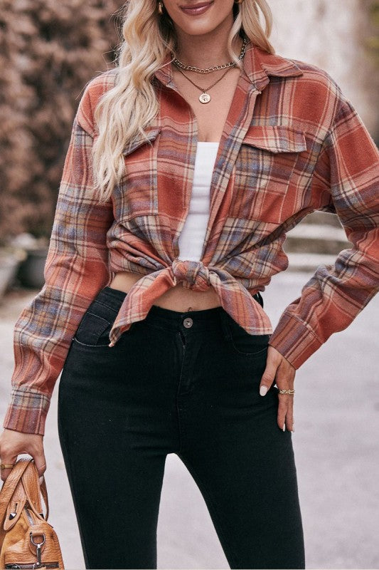 Plaid Shacket Button Front Oversized Fit- Carmel