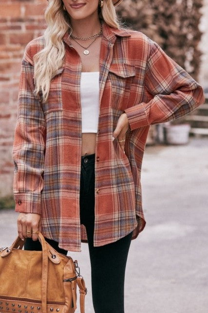 Plaid Shacket Button Front Oversized Fit- Carmel