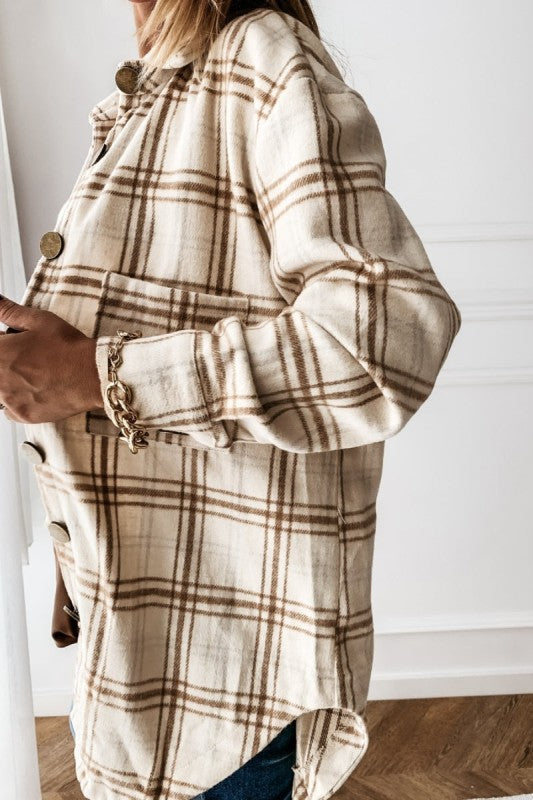 Plaid Wool Blend Oversized Button Down Shirt Jacket- Apricot