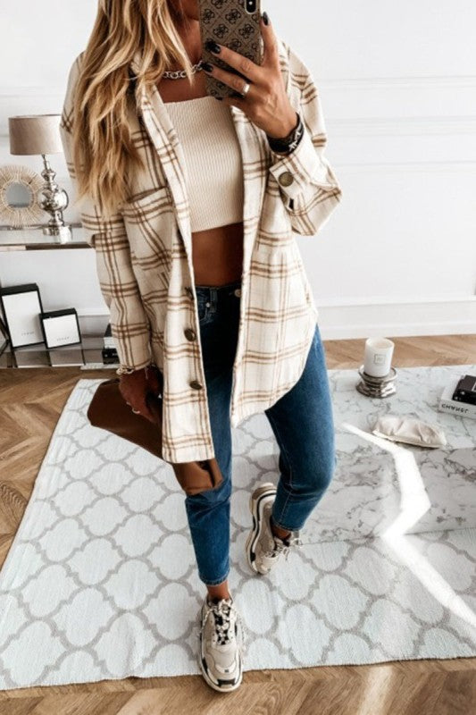 Plaid Wool Blend Oversized Button Down Shirt Jacket- Apricot
