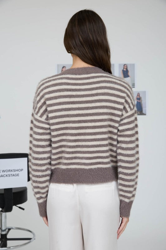 Stripe Round Neck Button Down Fuzzy Knit Cardigan