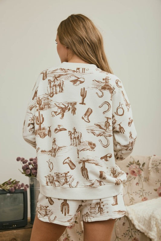 Western Print Crew Neck Long Sleeve Knit Top