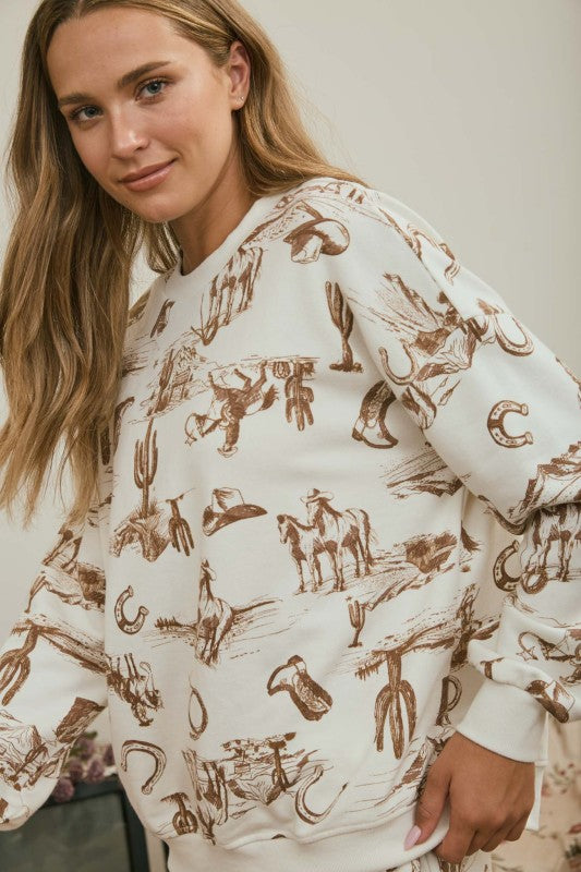 Western Print Crew Neck Long Sleeve Knit Top