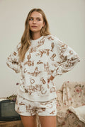 Western Print Crew Neck Long Sleeve Knit Top