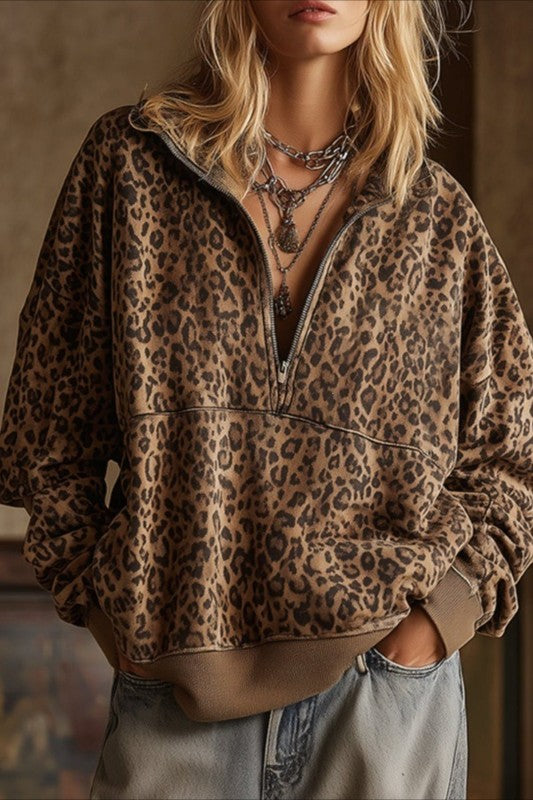 Leopard Print Pullover Hoodie Loose Fit Sweatshirt