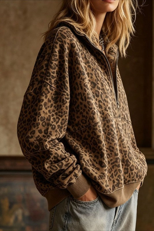 Leopard Print Pullover Hoodie Loose Fit Sweatshirt