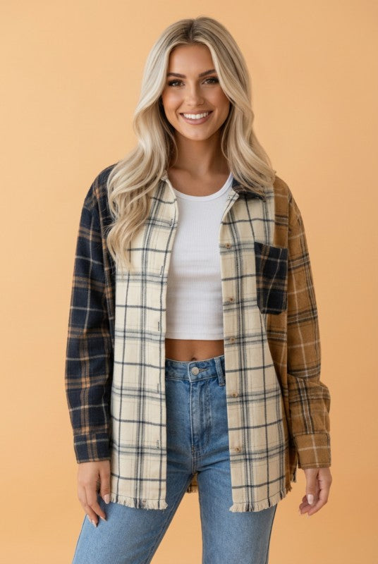 Plaid Colorblock Long Sleeve Buttoned Shacket
