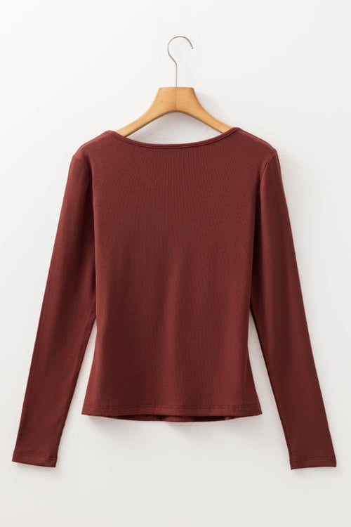 Gathered Bust Square Neck Ribbed Long Sleeve Top