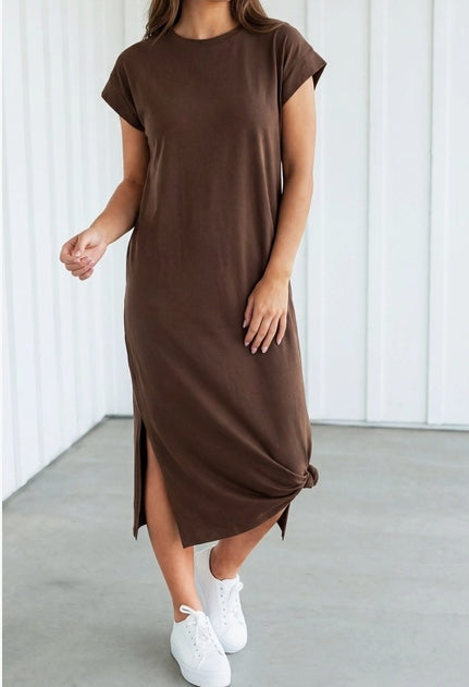 Solid Slits Side T Shirt Long Dress