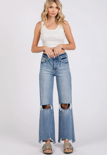 High Rise Stretch Slim Wide Leg w/ Destroyed Hem