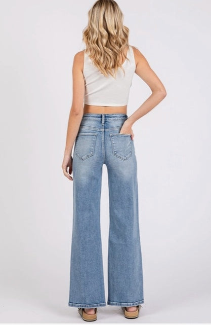 High Rise Stretch Slim Wide Leg w/ Destroyed Hem