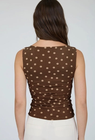 Brown Polka Dot Boat Neck Sleeveless Mesh Knit Top